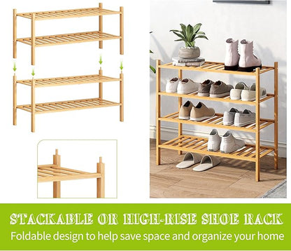BMOSU 4-Tier Bamboo Shoe Rack Premium Stackable Shoe Shelf Storage Organizer for Hallway Closet Living Room Entryway Organize