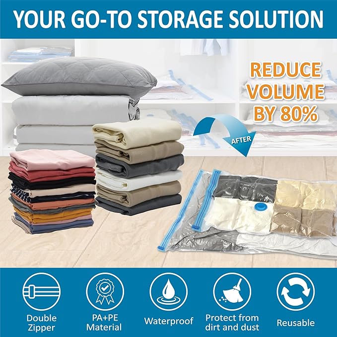 Cozy Essential Vacuum Storage Bags, 80% Compression Vacuum Seal Space Saver Plastic Packaging Bags for Clothes, Blankets, Pil