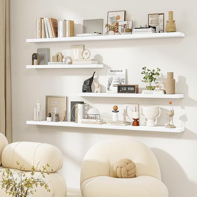 Dreamland 72Inch Floating Shelves for Wall, Rustic Wooden White Floating Shelves for Living Room, Kitchen, Farmhouse, Deep Wa