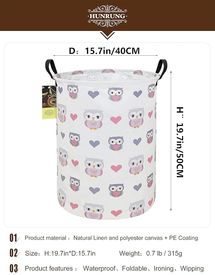 HUNRUNG Laundry Hamper,Large Canvas Fabric Lightweight Storage Basket Toy Organizer Dirty Clothes Collapsible Waterproof for 
