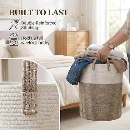 JMvicyroam Large Woven Laundry Basket Hamper,60L Cotton Rope Storage Bin for Blankets,Toys and Clothes,Decorative Tall Nurser