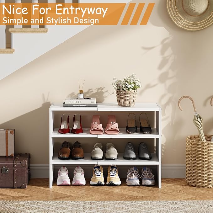 3-Tier Expandable White Shoe Rack Organizer for Closet, Stackable Shoe Racks Storage Shelf, Small Metal Wood Combination Shoe