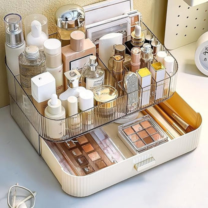 Makeup Organizer with Drawer, Stackable Cosmetic Organizer for Vanity and Bathroom Countertop, Clear Storage for Perfume, Ski