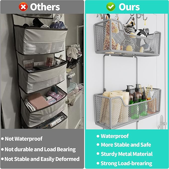 HapiRm Over The Door Organizer - Hanging Door Organizer with 4 Metal Large Capacity Baskets and Adjustable Coat Hook for Bath