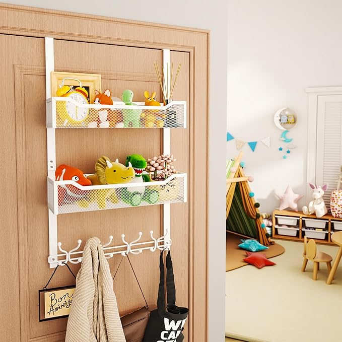SWTYMIKI Over The Door Hook with 16 Hooks & 2 Mesh Baskets - Heavy Duty Over The Door Organizer Hanger for Towels, Coats, Clo
