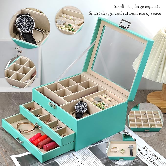 BOOVO Clear Lid Jewelry Box,3 Layers Jewelry Organizer Large Multi-Functional Jewelry Storage Box with 2 Drawers,Jewelry Disp