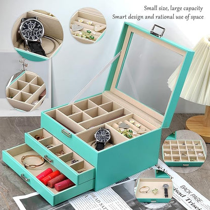BOOVO Clear Lid Jewelry Box,3 Layers Jewelry Organizer Large Multi-Functional Jewelry Storage Box with 2 Drawers,Jewelry Disp