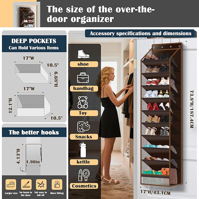 10 - Pocket Over - the - Door Hanging Shoe Organizers & Rack, Made of Sturdy 600D Oxford + Non - Woven Fabric, Space - Saving