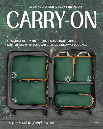 TRIPPED Compression Packing Cubes — 6-Piece Carry-On Set | 2 XL (14"×10"×4") + 2 Small (10"×7"×4") + Sleeve + Laundry Sack | Ripstop Nylon | Green and Orange