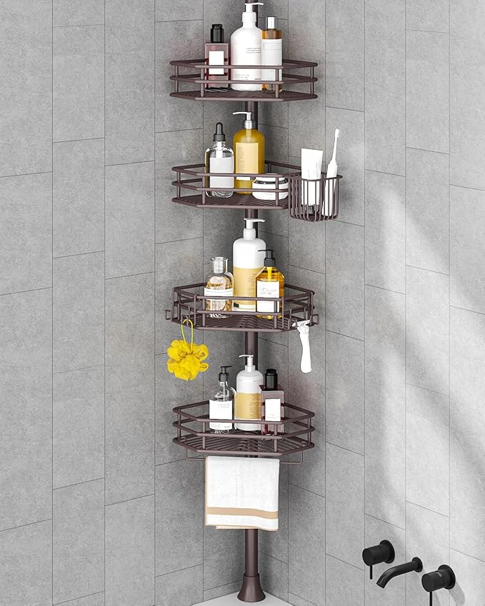 SEIRIONE Corner Shower Caddy Tension Pole, Adjustable Shower Organizer Corner with 4 Shelves, No Drilling Shower Shelf for In