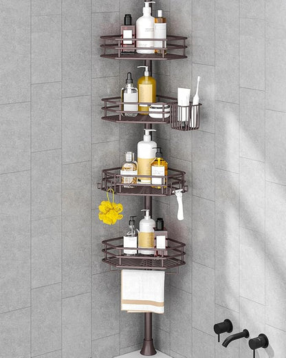 SEIRIONE Corner Shower Caddy Tension Pole, Adjustable Shower Organizer Corner with 4 Shelves, No Drilling Shower Shelf for In