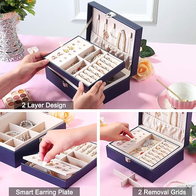 Voova Jewelry Box Organizer for Women Girls, 2 Layer Large Men Jewelry Storage Case,PU Leather Display Jewellery Holder with 
