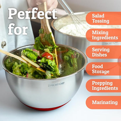 Priority Chef Premium Mixing Bowls With Airtight Lids Set, Thicker Stainless Steel Mixing Bowl Set, Large Prep Metal Bowls with Lids, Nesting Bowls for Kitchen, 1.5/2/3/4/5 Qrt, Red