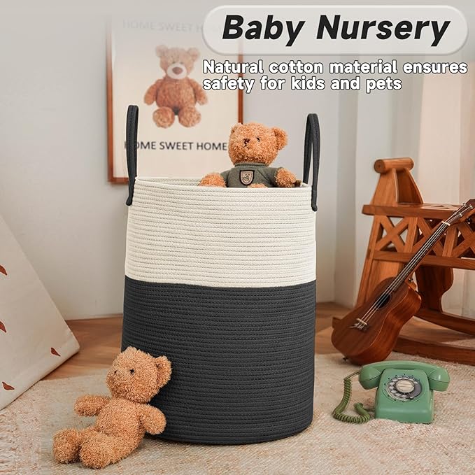 JMvicyroam Large Woven Laundry Basket Hamper,60L Cotton Rope Storage Bin for Blankets,Toys and Clothes,Decorative Tall Nurser