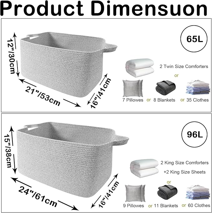 65L Large Blanket Basket,21"x16"x12" Rectangle Storage Bin with Handles,Woven Rope Laundry Basket for Toys, Clothes,Pillows,M