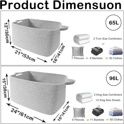 65L Large Blanket Basket,21"x16"x12" Rectangle Storage Bin with Handles,Woven Rope Laundry Basket for Toys, Clothes,Pillows,M