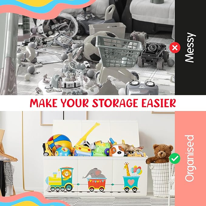 Extra Large Collapsible Sturdy Toy Storage Organizer with Lids, Animal Train Toy Box for Boys Girls, 40"x16"x16", Modern, Bei