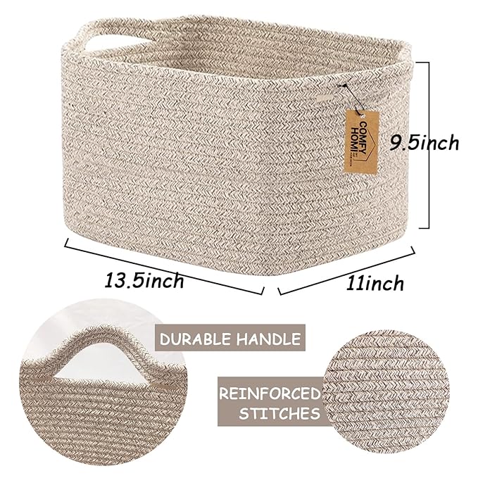 COMFY-HOMI 3PACK Cotton Rope Woven Basket With Handles for Shelves, Toy, Book, Cloth Storage Basket for Organizing|13.5" x 11