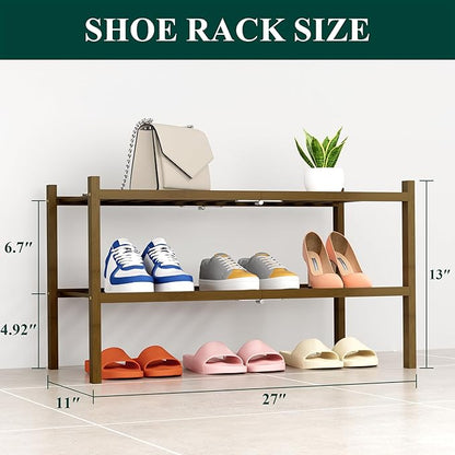 Smiry Shoe Rack, 2 Tier Thick Bamboo Shoe Organizer, Stackable Free Standing Wooden Shoe Storage Shelf for Closet, Entryway, 