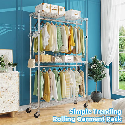 Simple Trending Clothing Garment Rack with 3 Tiers Storage Shelves, Heavy Duty Rolling Clothes Organizer Double Rods with Whe