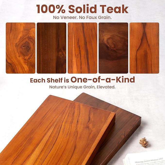 48 Inch Solid Wood Floating Shelf - 100% Solid Teak Wood Wall Shelf with Invisible Brackets - Waterproof Natural Wood Shelves