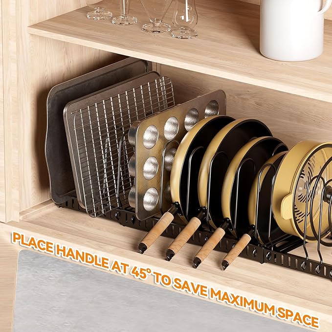 Pot and Pan Organizer Rack for Cabinet, 3 Expandable Pot Lid Organizer Holder with 12 Adjustable Compartment for Kitchen Cutting Board, Pan Lid, Cabinet Cookware Baking