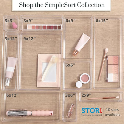 STORi SimpleSort 6-Piece Stackable Clear Drawer Organizer Set | 6" x 3" x 2" Rectangle Trays | Small Makeup Vanity Storage Bi
