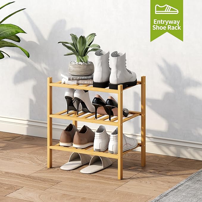 BMOSU 3-Tier Bamboo Small Shoe Rack Premium Stackable Shoe Shelf Storage Organizer for Hallway Closet Living Room Entryway Or