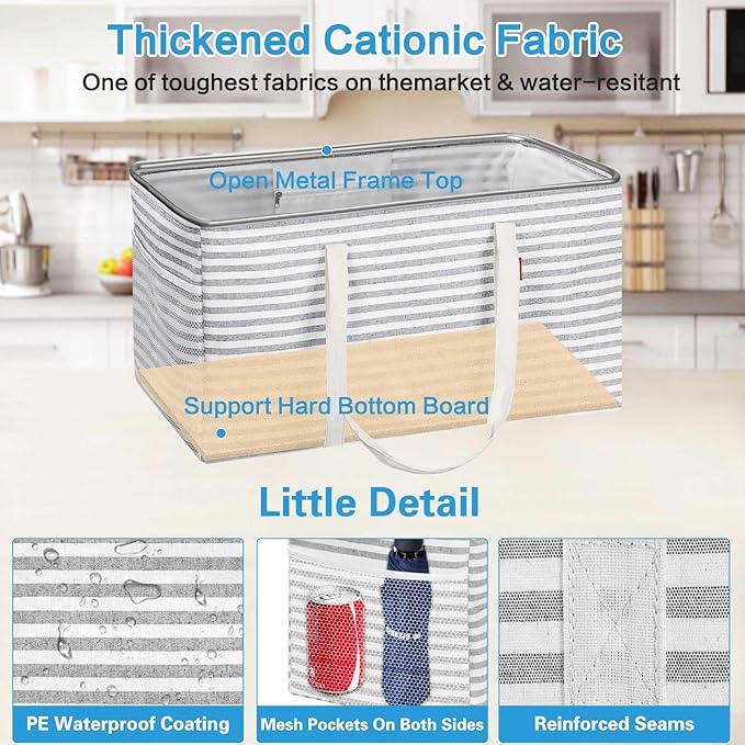 LHZ.K Standing Extra Large Utility Tote Bag 2 Pack, Foldable Reusable Grocery Bags with Metal Wire Frame & Hard Bottom Board