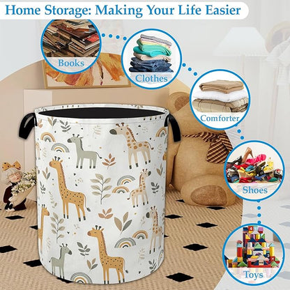 Rainbow Giraffe Laundry Basket Collapsible Laundry Hamper with Handle, Oxford Clothes Toy Storage Bin for Bathroom Bedroom Ro