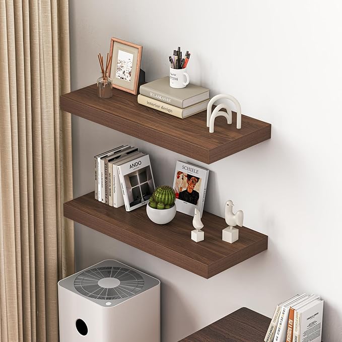Dreamland 32" Floating Shelves for Wall, 12" Deep Thicker Walnut Floating Shelves, Wall-Mounted Shelves for Bedroom, Living R