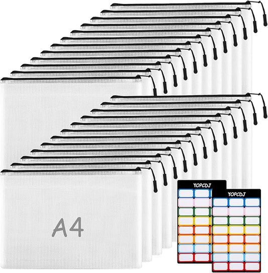 24pcs A4 Mesh Zipper Pouch File Bags, Black Reusable Zipper Bags for Organizing Storage, Waterproof Puzzle Bag, Zipper File B