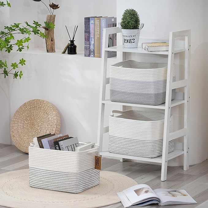 COMFY-HOMI Cotton Rope Woven Basket with Handles for Shelves,Toys,Book, Cloth Storage Baskets Bin for Organizing-13.5"x11"x9.