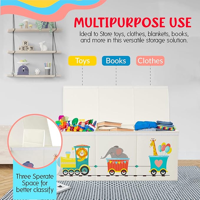 Extra Large Collapsible Sturdy Toy Storage Organizer with Lids, Animal Train Toy Box for Boys Girls, 40"x16"x16", Modern, Bei