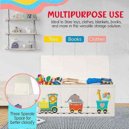 Extra Large Collapsible Sturdy Toy Storage Organizer with Lids, Animal Train Toy Box for Boys Girls, 40"x16"x16", Modern, Bei