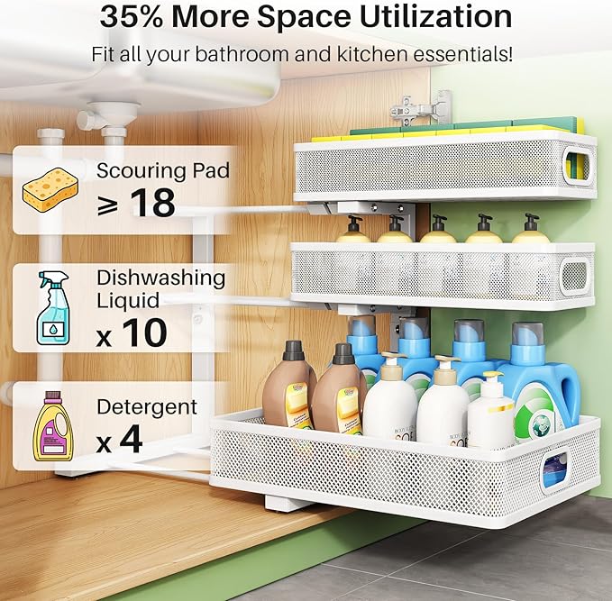 Kitstorack Under Sink Organizer, 2-Pack 3-Tier Height Adjustable Thickened Metal Pull out Cabinet Organizer Shelf, Slide out 