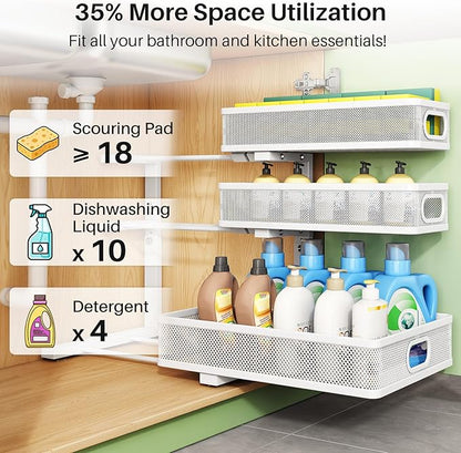 Kitstorack Under Sink Organizer, 2-Pack 3-Tier Height Adjustable Thickened Metal Pull out Cabinet Organizer Shelf, Slide out 