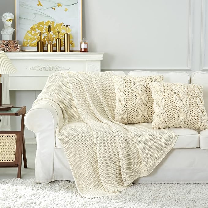 Chunky Cable Knit Throw Blanket Lightweight Cream 100% Organic Cotton Blanket for Sofa Couch Bed Baby Nursery, Rustic Shabby 