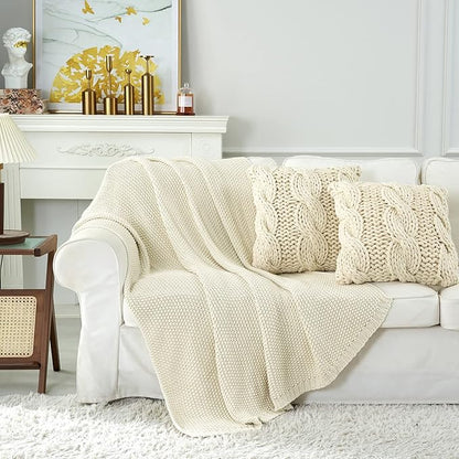 Chunky Cable Knit Throw Blanket Lightweight Cream 100% Organic Cotton Blanket for Sofa Couch Bed Baby Nursery, Rustic Shabby 