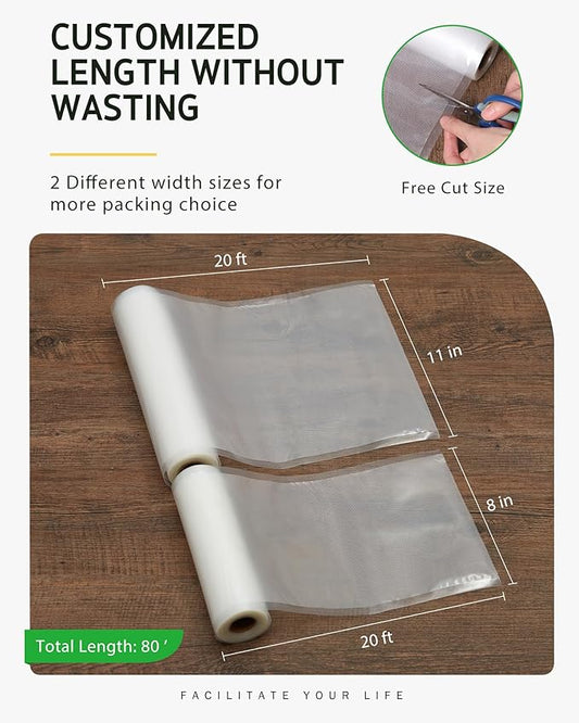 Syntus Vacuum Sealer Bags, 4 Pack 2 Roll 11" x 20' and 2 Roll 8" x 20' Commercial Grade BPA Free Bag Rolls, Food Vac Bags for