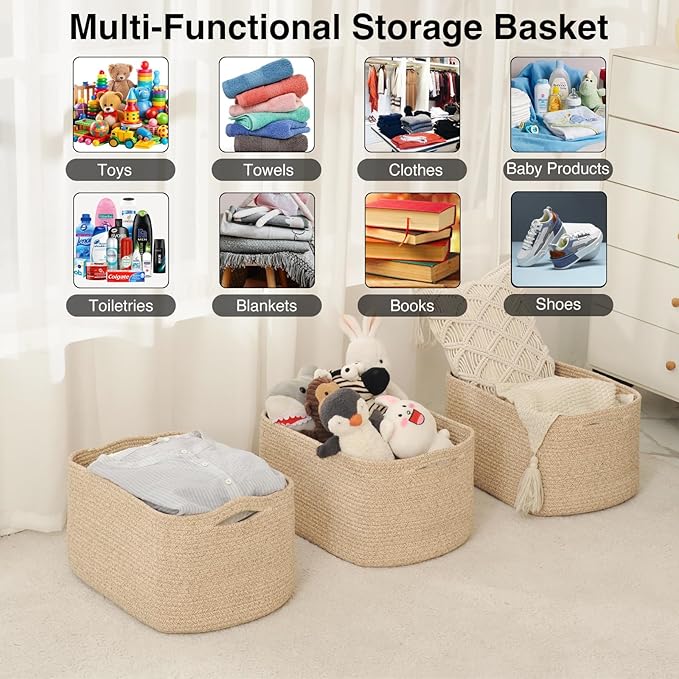 ICERZCZ Large Storage Baskets for Organizing Shelves, Woven Cotton Rope Bins for Baby Nursery Organization, Book Toy Towel Or