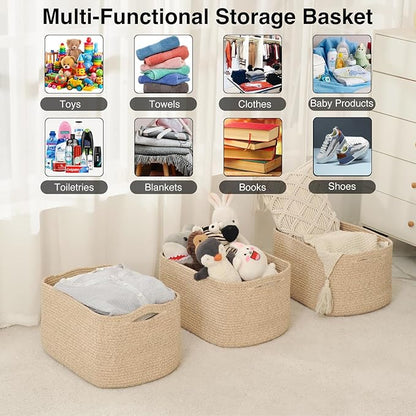 ICERZCZ Large Storage Baskets for Organizing Shelves, Woven Cotton Rope Bins for Baby Nursery Organization, Book Toy Towel Or