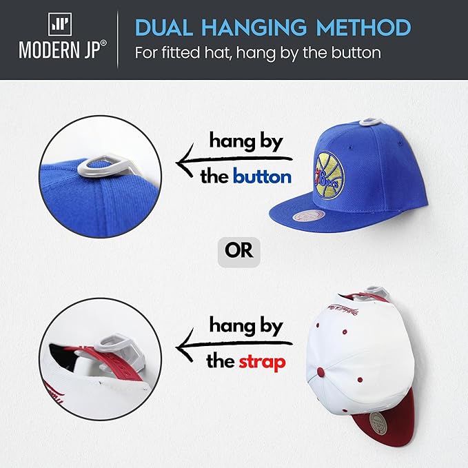 Modern JP Adhesive Hat Hooks for Wall (16-Pack) - Hat Rack for Baseball Caps, Minimalist Hat Display, Strong Hold Hat Hangers