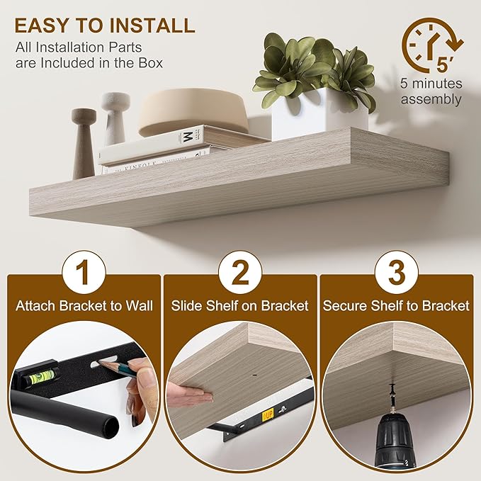 Fun Memories Floating Shelves for Wall, 48Inch Long Floating Shelves Set of 2, Hanging Shelf with Invisible Brackets, Wood Sh