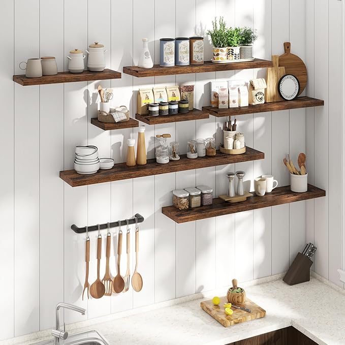 24 Inch Floating Shelves for Wall Set of 2, 8"D Wood Grain Bathroom Shelves with Invisible Brackets, Easy Install Engineered 