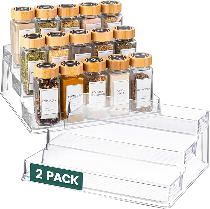 Oizeir Clear Spice Rack (2-Pack) – 3-Tier Acrylic Organizer for Cabinet – Deep Spice Shelf – 10.4 x 9.6 x 4 Inches – Holds Se