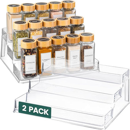 Oizeir Clear Spice Rack (2-Pack) – 3-Tier Acrylic Organizer for Cabinet – Deep Spice Shelf – 10.4 x 9.6 x 4 Inches – Holds Se