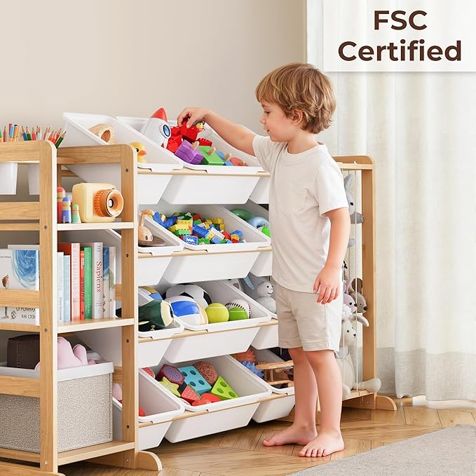 Toy Storage Organizer with Bookshelf and Stuffed Animal Storage - Kids Playroom Organization with Shelves and 12 Toy Bins - T