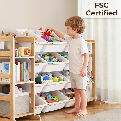 Toy Storage Organizer with Bookshelf and Stuffed Animal Storage - Kids Playroom Organization with Shelves and 12 Toy Bins - T