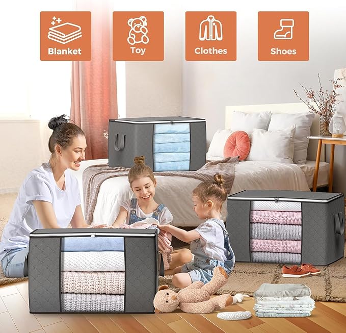 Budding Joy 90 L Large Storage Bags, 10 Pack Clothes Storage Bins Foldable Closet Organizers Storage Containers with Reinforc